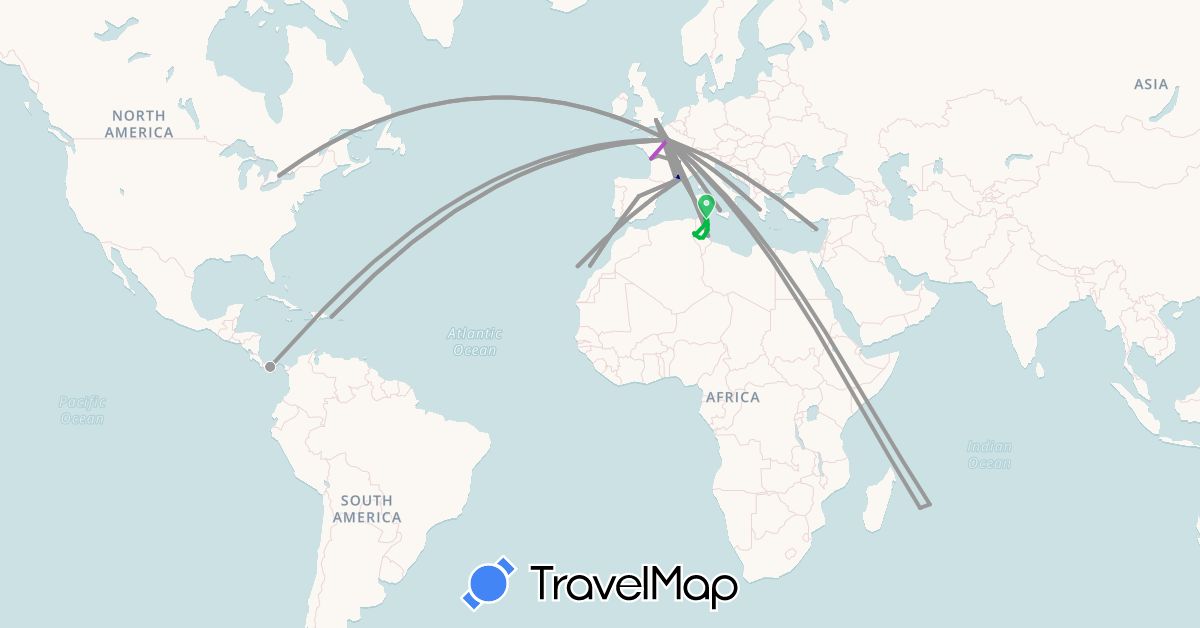 TravelMap itinerary: driving, bus, plane, train in Canada, Cyprus, Dominican Republic, Spain, France, United Kingdom, Greece, Italy, Mauritius, Panama, Tunisia (Africa, Asia, Europe, North America)